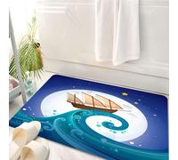 HKPOEQ Tappeto Bagno 50 x 80 cm,Tappetino in Microfibra, Tappeti Assorbente Antiscivolo,Luna, vecchia nave con tempesta che cavalca le onde, stile luna piena e stelle marine,Soffice Tappetini Doccia