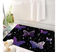HKPOEQ Tappeto Bagno 50 x 80 cm,Tappetino in Microfibra, Tappeti Assorbente Antiscivolo,Misteriosa luce stellare, farfalla viola che svolazza tra le stelle su sfondo nero,Soffice Tappetini Doccia