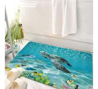HKPOEQ Tappeto Bagno 50 x 80 cm,Tappetino in Microfibra, Tappeti Assorbente Antiscivolo,Mondo sottomarino, tartarughe e delfini che scivolano tra un gruppo di pesci colorati,Soffice Tappetini Doccia