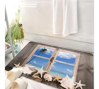 HKPOEQ Tappeto Bagno 50 x 80 cm,Tappetino in Microfibra, Tappeti Assorbente Antiscivolo,Palme e tesori di conchiglie lungo la costa sono visibili attraverso vecchie finestre,Soffice Tappetini Doccia