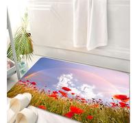 HKPOEQ Tappeto Bagno 50 x 80 cm,Tappetino in Microfibra, Tappeti Assorbente Antiscivolo,Papavero, prato con papaveri e arcobaleno riflesso nell'aria cielo magico felicità,Soffice Tappetini Doccia