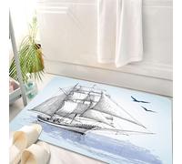 HKPOEQ Tappeto Bagno 50 x 80 cm,Tappetino in Microfibra, Tappeti Assorbente Antiscivolo,Schizzo retrò di una barca a vela che scivola sull'acqua, con gabbiani che volano,Soffice Tappetini Doccia