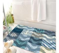 HKPOEQ Tappeto Bagno 50 x 80 cm,Tappetino in Microfibra, Tappeti Assorbente Antiscivolo,Set nautico, motivo a onde a tema blu navy in stile patchwork, riquadri quadrati, sta,Soffice Tappetini Doccia