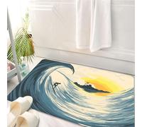 HKPOEQ Tappeto Bagno 50 x 80 cm,Tappetino in Microfibra, Tappeti Assorbente Antiscivolo,Set oceano, illustrazione di cielo nuvoloso, isola tropicale, onde e surfista al sole,Soffice Tappetini Doccia