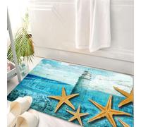 HKPOEQ Tappeto Bagno 50 x 80 cm,Tappetino in Microfibra, Tappeti Assorbente Antiscivolo,Stile dipinto di opere d'arte nei toni del blu, faro e stelle marine dorate in riva a,Soffice Tappetini Doccia