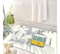HKPOEQ Tappeto Bagno 50 x 80 cm,Tappetino in Microfibra, Tappeti Assorbente Antiscivolo,Strada disegnata in stile schizzo, strada tranquilla di Lisbona con tram giallo e cas,Soffice Tappetini Doccia