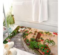 HKPOEQ Tappeto Bagno 50 x 80 cm,Tappetino in Microfibra, Tappeti Assorbente Antiscivolo,Toscano, Ingresso alla porta rustica in legno toscana mediterranea e immagine di fior,Soffice Tappetini Doccia