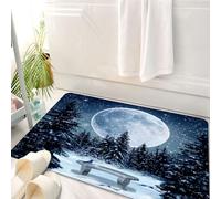 HKPOEQ Tappeto Bagno 50 x 80 cm,Tappetino in Microfibra, Tappeti Assorbente Antiscivolo,Vista notturna invernale, foresta sotto l'enorme luna, con un uccellino blu sulla pan,Soffice Tappetini Doccia