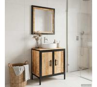 HKQWPBF Set di 2 mobili da bagno in ferro e legno massello Mango con 2 ante | Stabile struttura in ferro, legno duro tropicale, pezzo unico grazie alle venature del legno, molto spazio, riflesso chiaro