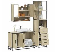 HKQWPBF Set di 3 mobili da bagno con armadietto a specchio in legno di quercia Sonoma, composto da mobiletto sottolavabo e armadietto da parete con struttura in metallo per una maggiore stabilità