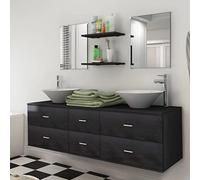 HKQWPBF Set di mobili da bagno 9 pezzi nero con mobiletto sottolavabo sospeso, 2 specchi, 2 ripiani, lavabo in ceramica e rubinetti