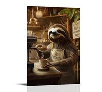 HKXXMTQMM Art Animals, cartello decorativo da appendere alla parete con bradipo barista che serve caffè al rallentatore con una pazienza che si sta preparando, 40 x 60 cm