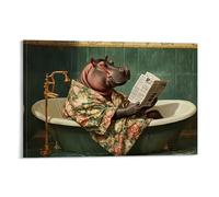 HKXXMTQMM Art Animals, decorazione da parete con ippopotamo in accappatoio floreale che legge un giornale mentre si immerge in una piccola vasca da bagno, decorazione da parete, design decorativo, 60