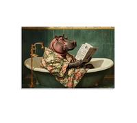 HKXXMTQMM Art Animals, decorazione da parete con ippopotamo in accappatoio floreale che legge un giornale mentre si immerge in una piccola vasca da bagno, decorazione murale, 40 x 60 cm