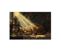 HKXXMTQMM Decorazione artistica da parete contemporanea con illustrazione di un gatto maestoso che si lava la faccia in un raggio di sole in epoca vittoriana - Decorazione murale 20 x 30 cm
