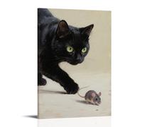 HKXXMTQMM Decorazione da parete con gatto nero che caccia un topo e occhi focalizzati, contemporanea, da appendere, 60 x 90 cm