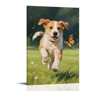 HKXXMTQMM Decorazione da parete moderna da appendere con un cucciolo che insegue una farfalla, che corre attraverso il prato, decorazione murale, 20 x 30 cm