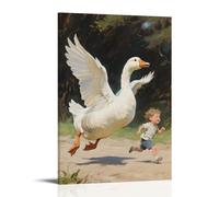 HKXXMTQMM Decorazione da parete moderna da appendere con un'oca bianca che insegue un bambino, ciarlatano, 20 x 30 cm