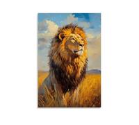 HKXXMTQMM Dipinto a olio con animale, leone maestoso nella savana dorata, ritratto regale del re degli animali con criniera illuminata dal sole, arte contemporanea da appendere alla parete
