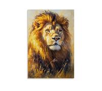HKXXMTQMM Dipinto a olio con animali - Leone maestoso nella luce della savana dorata con criniera e sguardo penetrante dettagliato contemporaneo da appendere - decorazione murale design 50 x 75 cm