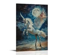 HKXXMTQMM Dipinto a olio con creatura leggendaria - Un pegaso da sogno con ali galassie che si librano al chiaro di luna, arte contemporanea da appendere alla parete, design decorativo, 50 x 75 cm