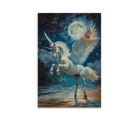 HKXXMTQMM Dipinto a olio con creatura leggendaria - Un pegaso da sogno con ali galassie che si librano al chiaro di luna, arte contemporanea da appendere alla parete, design decorativo, 50 x 75 cm