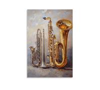 HKXXMTQMM Dipinto a olio con strumenti musicali, elegante ottone e strumenti a fiato immersi nella luce dorata, arte contemporanea da appendere alla parete, design decorativo murale 50 x 75 cm