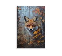 HKXXMTQMM Dipinto ad olio con animale, curiosa volpe rossa che sbircia attraverso il fogliame autunnale nella foresta nebbiosa, decorazione artistica da parete, design decorativo, 40 x 60 cm