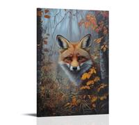 HKXXMTQMM Dipinto ad olio con animale, curiosa volpe rossa che sbircia attraverso il fogliame autunnale nella foresta nebbiosa, decorazione artistica da parete, design decorativo, 30 x 45 cm