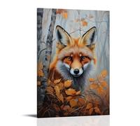 HKXXMTQMM Dipinto ad olio con animale, curiosa volpe rossa che sbircia attraverso il fogliame autunnale nella foresta nebbiosa, decorazione artistica da parete, design decorativo, 30 x 45 cm