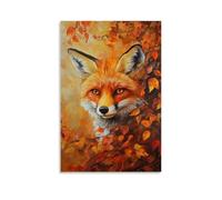 HKXXMTQMM Dipinto ad olio con animale, curiosa volpe rossa che sbircia attraverso il fogliame autunnale in colori caldi, decorazione artistica da parete, design decorativo, 60 x 90 cm