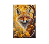 HKXXMTQMM Dipinto ad olio con animale, curiosa volpe rossa che scruta attraverso il fogliame autunnale con luce solare dorata che filtra attraverso le foglie, arte contemporanea da appendere alla