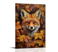HKXXMTQMM Dipinto ad olio con animale, curiosa volpe rossa che scruta attraverso il fogliame autunnale con ricche texture di pelliccia e foglie cadute, decorazione murale contemporanea, 20 x 30 cm