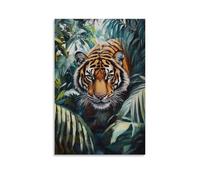 HKXXMTQMM Dipinto ad olio con animale, tigre feroce che pedina attraverso il fogliame della giungla lussureggiante, arte contemporanea da appendere alla parete, design decorativo, 20 x 30 cm