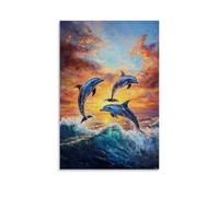 HKXXMTQMM Dipinto ad olio con animali - Delfini al tramonto - Vita marina giocosa che balla attraverso le onde in calde tonalità dell'oceano - decorazione murale design decorativo 50 x 75 cm