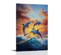 HKXXMTQMM Dipinto ad olio con animali - Delfini al tramonto - Vita marina giocosa che balla tra le onde in calde tonalità dell'oceano - Decorazione murale design decorativo 60 x 90 cm