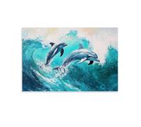 HKXXMTQMM Dipinto ad olio con animali, delfini giocosi che ballano attraverso onde dell'oceano turchese contemporaneo, decorazione da parete, design decorativo, 50 x 75 cm