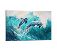 HKXXMTQMM Dipinto ad olio con animali, delfini giocosi che ballano attraverso onde dell'oceano turchese contemporaneo, decorazione da parete, design decorativo, 50 x 75 cm