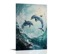 HKXXMTQMM Dipinto ad olio con animali, delfini giocosi che ballano attraverso onde turchesi dell'oceano sotto la luce del sole scintillante, arte contemporanea da appendere alla parete, design