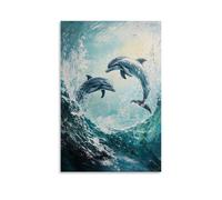 HKXXMTQMM Dipinto ad olio con animali, delfini giocosi che ballano attraverso onde turchesi dell'oceano sotto la luce del sole scintillante, decorazione artistica da parete, design decorativo, 20 x 30