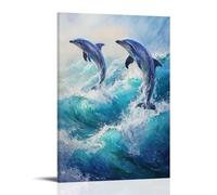 HKXXMTQMM Dipinto ad olio con animali - Delfini giocosi che ballano in onde oceano turchese sotto la luce del sole, arte contemporanea da appendere alla parete, design decorativo, 20 x 30 cm