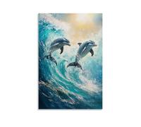 HKXXMTQMM Dipinto ad olio con animali, delfini giocosi che ballano in onde turchesi dell'oceano con riflessi di luce solare, arte contemporanea da appendere alla parete, design decorativo, 50 x 75 cm