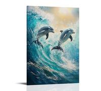 HKXXMTQMM Dipinto ad olio con animali, delfini giocosi che ballano in onde turchesi dell'oceano con riflessi di luce solare, arte contemporanea da appendere alla parete, design decorativo, 50 x 75 cm