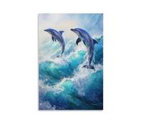 HKXXMTQMM Dipinto ad olio con animali, delfini giocosi che ballano in onde turchesi dell'oceano sotto la luce del sole, arte contemporanea da appendere alla parete, design decorativo, 60 x 90 cm