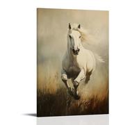 HKXXMTQMM Dipinto ad olio con animali, elegante stallone bianco al galoppo attraverso il prato nebbioso del mattino, arte contemporanea da appendere alla parete, design decorativo, 60 x 90 cm