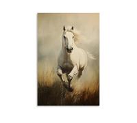 HKXXMTQMM Dipinto ad olio con animali, elegante stallone bianco al galoppo attraverso il prato nebbioso del mattino, decorazione artistica da parete, design decorativo, 40 x 60 cm