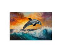 HKXXMTQMM Dipinto ad olio con animali, grazioso delfino che salta attraverso onde turchesi al tramonto che si illumina al tramonto, decorazione artistica da parete, design decorativo, 30 x 45 cm