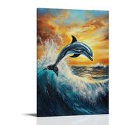 HKXXMTQMM Dipinto ad olio con animali, grazioso delfino che salta attraverso onde turchesi al tramonto, decorazione artistica da parete, design decorativo, 40 x 60 cm