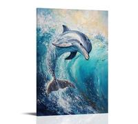 HKXXMTQMM Dipinto ad olio con animali, grazioso delfino che salta attraverso onde turchesi con luce del sole che splende sulla pelle bagnata, decorazione artistica da parete, design decorativo, 60 x