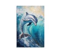 HKXXMTQMM Dipinto ad olio con animali, grazioso delfino che salta attraverso onde turchesi con luce del sole che splende sulla pelle bagnata, decorazione artistica da parete, design decorativo, 20 x